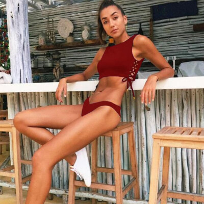 

Women Two Piece Swimwear Set Crop Top Lace Up Tied Bandage Hollow Out Low Waist Sexy Bathing Suit