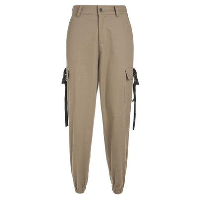 

Fashion Women Long Pants Solid High Waist Pocket Strap Side Casual Loose Cargo Trousers Streetwear KhakiGreenBlack