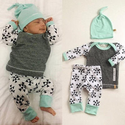 

Newborn Baby Boys Girls Gray Shirt Tops Long Pants Hat 3PCS Outfits Set Clothes