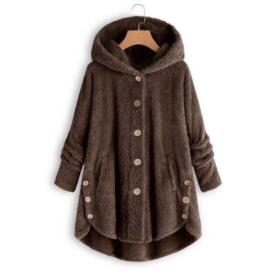 

Coat Women Warm Casual Loose Button Single-breasted Fleece Hooded Home Wear