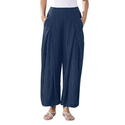 

Plus Size Women Pure Color Tightness Wide Leg Pants Pocket Easy Trousers