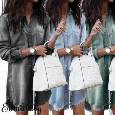 

Fashion Women Denim Tops Dress Plain Long Sleeve Button Casual Ladies Shirts Dress