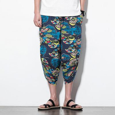 

Gobestart Men Casual Retro Printed Streetwear Drawstring Calf-Length Pants Harem Trousers