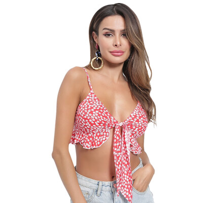 

Sexy Spaghetti Strap Floral Print Ruffled Knotted Women Crop Top