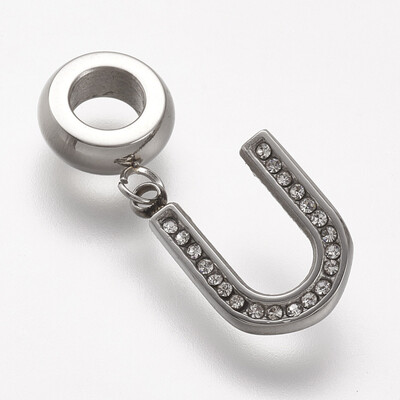 

304 Stainless Steel European Dangle Beads with Rhinestone LetterU 24mm Hole 45mm 12x10x15mm