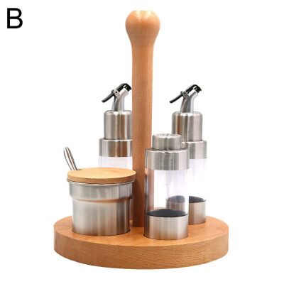 

5Pcs Kitchen Wooden Holder Metal Spice Pepper Jar Box Seasoning Storage Pot Rack