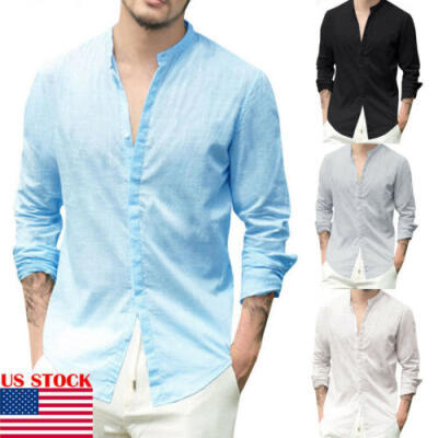 

US Mens Linen V Neck Long Sleeve Basic Tee T-shirt Casual Tops Blouse -XL