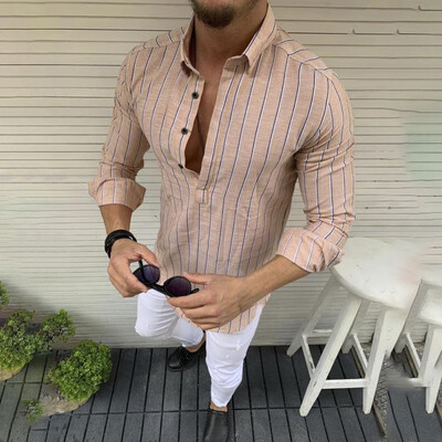 

Mens Shirt Fit Striped Business Oversize Lapel Long Sleeve Pullover Casual Top
