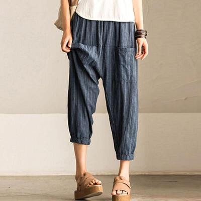 

Fashion Women Stripe Ankle-length Harem Pants High Waist Loose Casual Trousers Streetwear Blue
