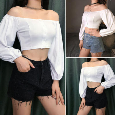 

Women Summer Casual Off Shoulder Tank Top Vest Blouse Buttons Crop Tops Shirt