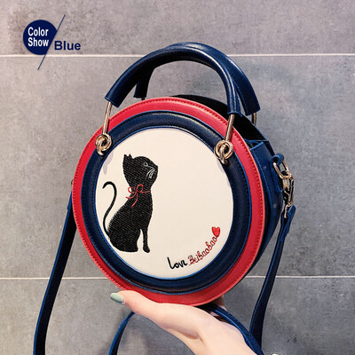 

Womens Shoulder Bag Cute Cat Handbag Circular Fashion Bags PU Leather Embroidery Round Messenger Crossbody bag womens 2019