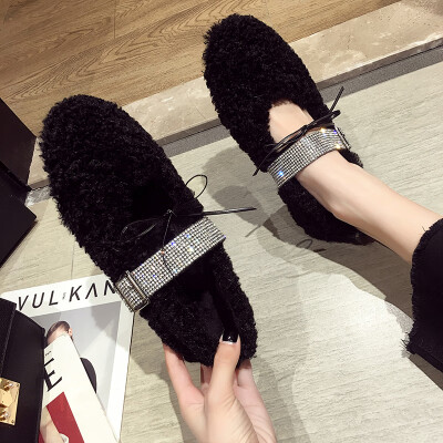 

New Autumn Shoes Korean Edition Fashion Flat Bottom Water Drill Fur Shoes with Buckle Temperament