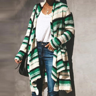 

Tailored Women Fashion Stripe Open Front Long Sleeve Knit Sweater Cardigans Coat