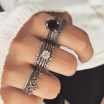 

Women Alloy Silver Crown Vintage Personality Crown Vintage Rhinestone Jewelry Cross Carved 6 Sets Ornaments Fashion Rings