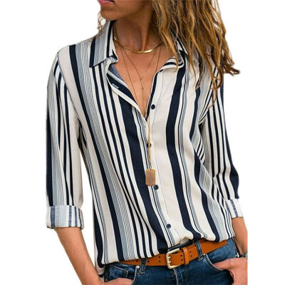 

Women V-neck Chiffon Tops Long Sleeve Tunic Blouse Stripe Shirts Plus Size