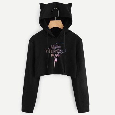 

Fashion Women Autumn Cropped Hoodies Geometric Letter Print Long Sleeves Drawstring Cat Hooded Pullover Top Sweatshirt