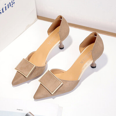 

Spring&summer French high-heeled shoes womens thin heel pointed hollow sandals square buckle work shoes women