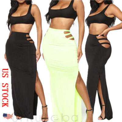 

US Women High Waist Maxi Long Skirt Hollow High Split Summer Clubwear Wrap Dress