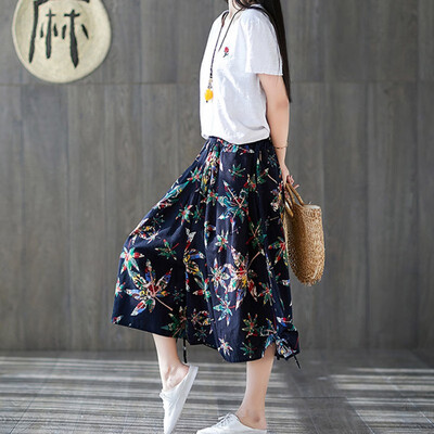 

Women Retro Print Elastic Loose Wide Leg Loose Cotton Linen Elastic Waist Seven Points Straight Casual Trousers