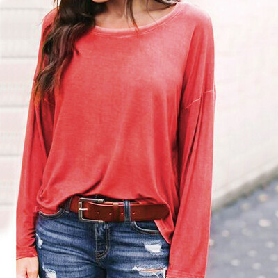

Nomeni Womens Casual Long Sleeve T-Shirt Round Neck Loose Bat Shirt Pullover Top