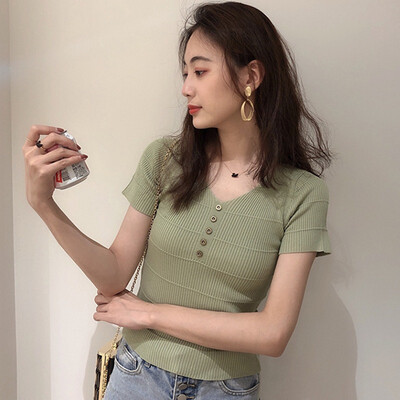 

Camisetas Verano Mujer t shirt Ice silk tshirt sweater wild V-neck short-sleeved T-shirt black code