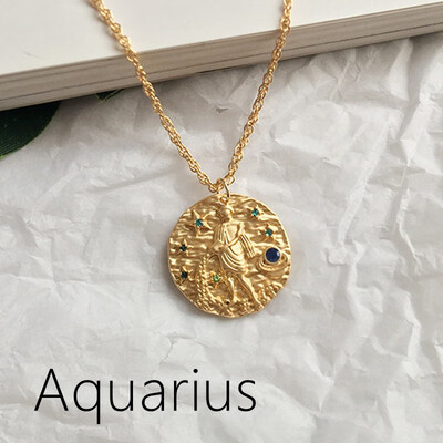 

French Star Zodiac 12 Constellation Coin Necklaces & Pendants Choker embossed dream new retro sweater chain random stone color
