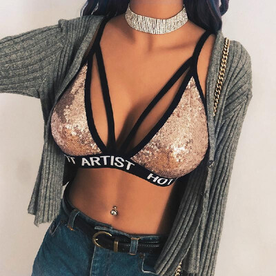 

Sexy Women Sequined Bra Letter Print Bandage Sparkling Bralette Lingerie Underwear Crop Top BlackSilverChampagne