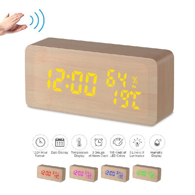 

Wooden Alarm Clock 115-Colored Time Humidity Temperature Date Display Wood LED Digital Desk Clock Adjustable Brightness Voice C