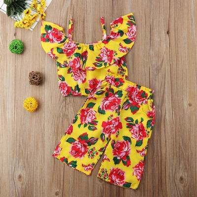 

Summer Toddler Kids Girls Flower Crop Tops Pants Trousers Outfits Set