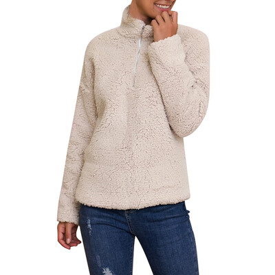

Autumn And Winter Mid-high Collar Plush Pullover Sweater Solid Color Zipper Slim Jacket Black