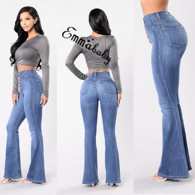 

Fashion Womens Vintage High Waist Flared Bell Bottom Jeans trendy Light Denim 70s Pants