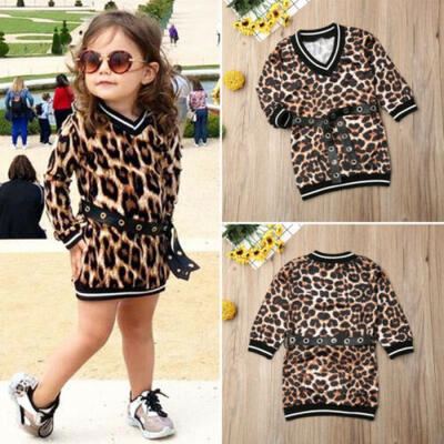 

UK Toddler Kids Baby Girl Leopard Print Clothes V-neck Sweater DressBelt Outfit