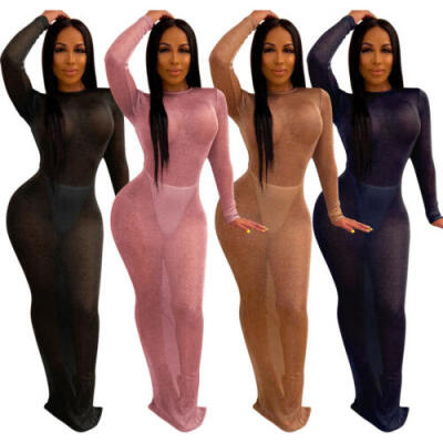 

US Hot Women Long Sleeve See Through Bodycon Evening Party Cocktail Long Dress