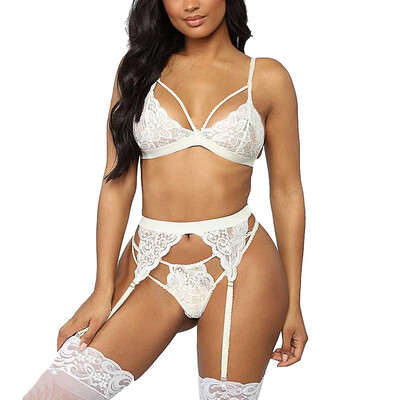 

Toponeto Fashion New Women V-neck Lace Sexy Underwear Bra Thong With Garter Set Lingerie