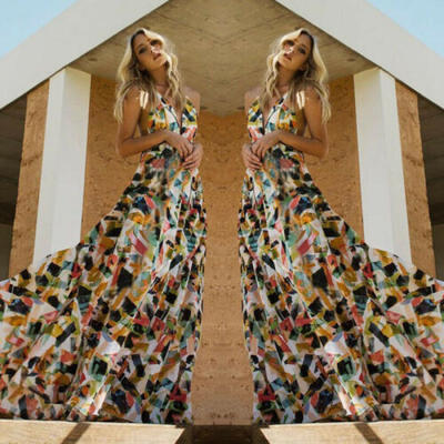 

UK Boho Womens Sleeveless Halter V Neck Floral Sundress Summer Beach Maxi Dress