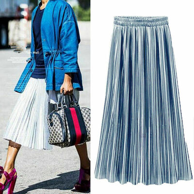 

Autumn Womens Party Casual Velvet Pleated Skirt High Waist Midi Long Dress