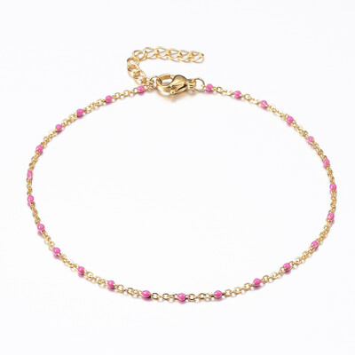

304 Stainless Steel Cable Chain Anklets with Enamel Links Golden Pink 9"23cm 152mm