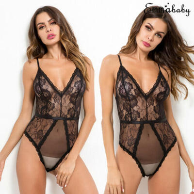 

Women Lace Sleeveless Deep V Lingerie Nightwear Bodycon Jumpsuit Plus Size