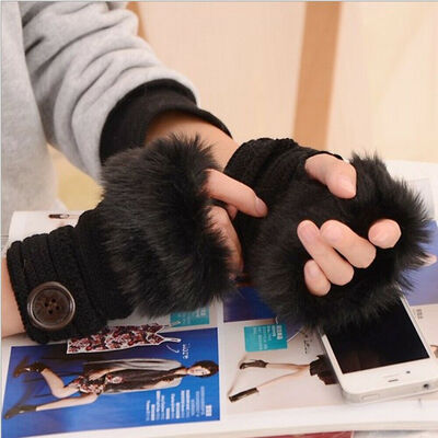 

Women Winter Faux Fur Warm Fingerless Gloves Ladies Fashion Half Finger Mittens