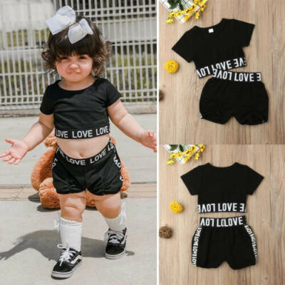 

Toddler Girl Kid Child Black Crop Top T shirt Short Pants Clothes Sunsuit Outfit