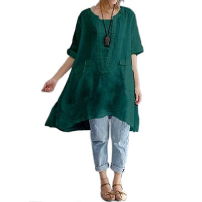 

Summer Women Blouse Short Sleeve Long Section Cotton And Linen T-Shirt Tops