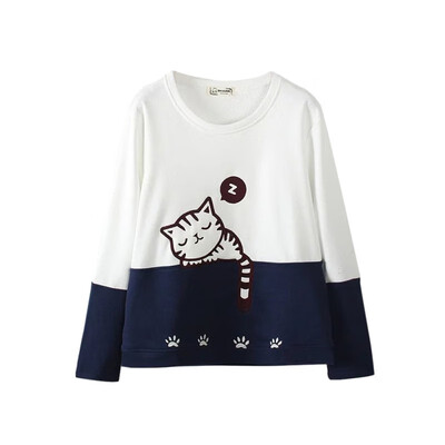 

Autumn Casual Harajuku cartoon cat embroidered Sweatshirts Cosy Women Long Sleeve hoodies Tops Pullover moletom
