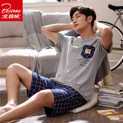 

Arctic velvet Bejirog pajamas mens summer cotton short-sleeved shorts youth Korean casual cotton summer thin section home service suit 2005 gray L