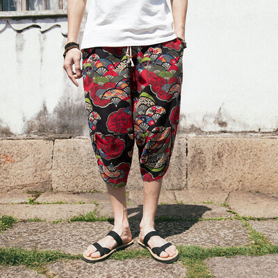 

Gobestart Mens Wide-breasted Harem Cotton Linen Wide-leg Pajamas Loose Cropped Trousers