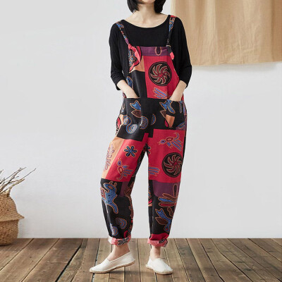 

Starmoon Women Casual Bohemian Print Jumpsuit Pockets Strap Harem Siamese Jumpsuits