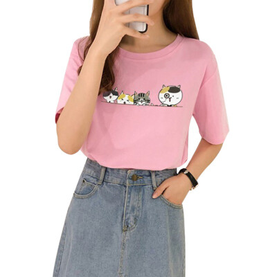 

Womens Harajuku Style Round Neck Cartoon Cats Print Short Sleeve Loose Pullover