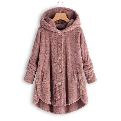 

Coat Women Warm Casual Loose Button Single-breasted Fleece Hooded Home Wear