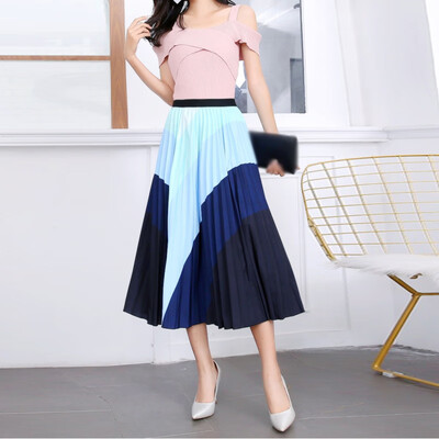 

Women Vintage Skirts Striped Printed High Waist Flared Pleated Midi Skirt Dress