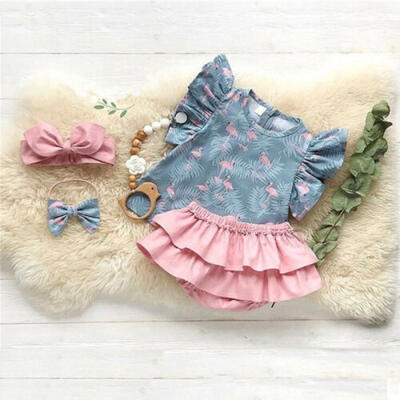 

AU 3pcs Newborn Baby Girl Flamingo Top Dress Shorts Headband Clothes Set Outfit