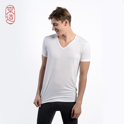 

JZAO mens thermal underwear heating fiber thin section Slim short-sleeved T-shirt white V-neck M code